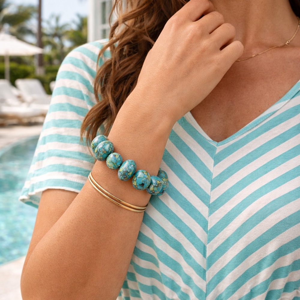Turquoise Beaded Stretch Bracelet Blue Green Stone Statement Boho Jewelry - Picture 3 of 9